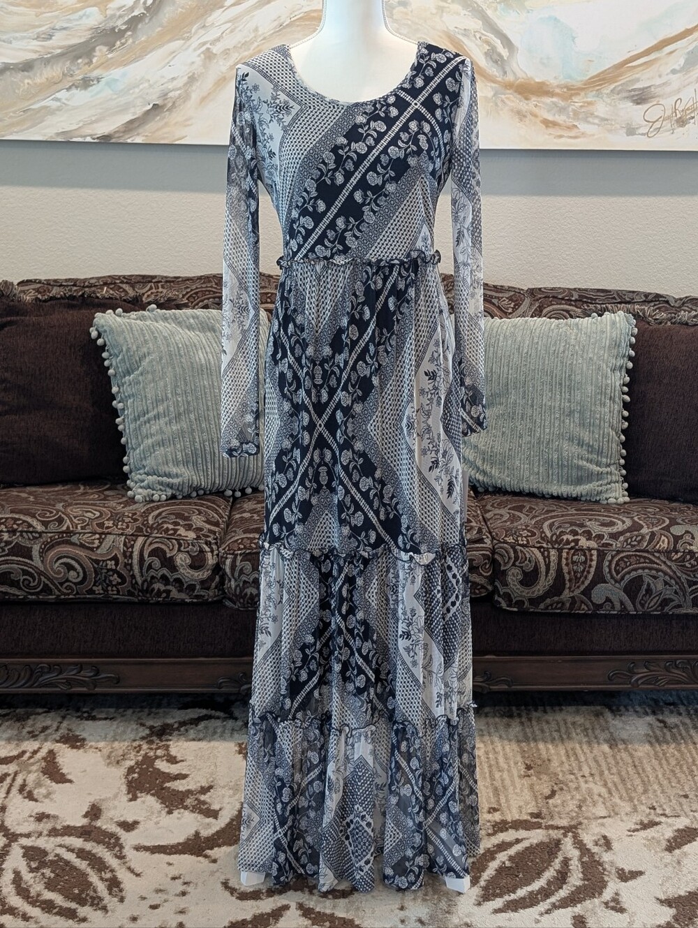 Navy and White Mesh Long Sleeve Maxi Dress